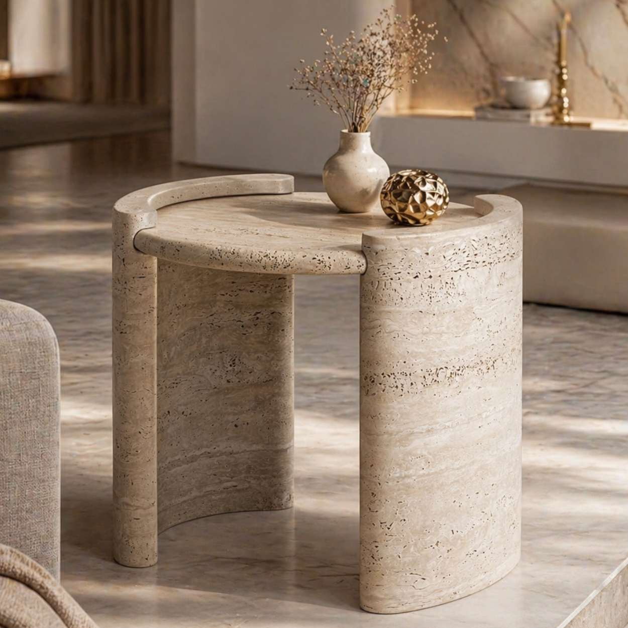 Elma Beige Travertine Side Table